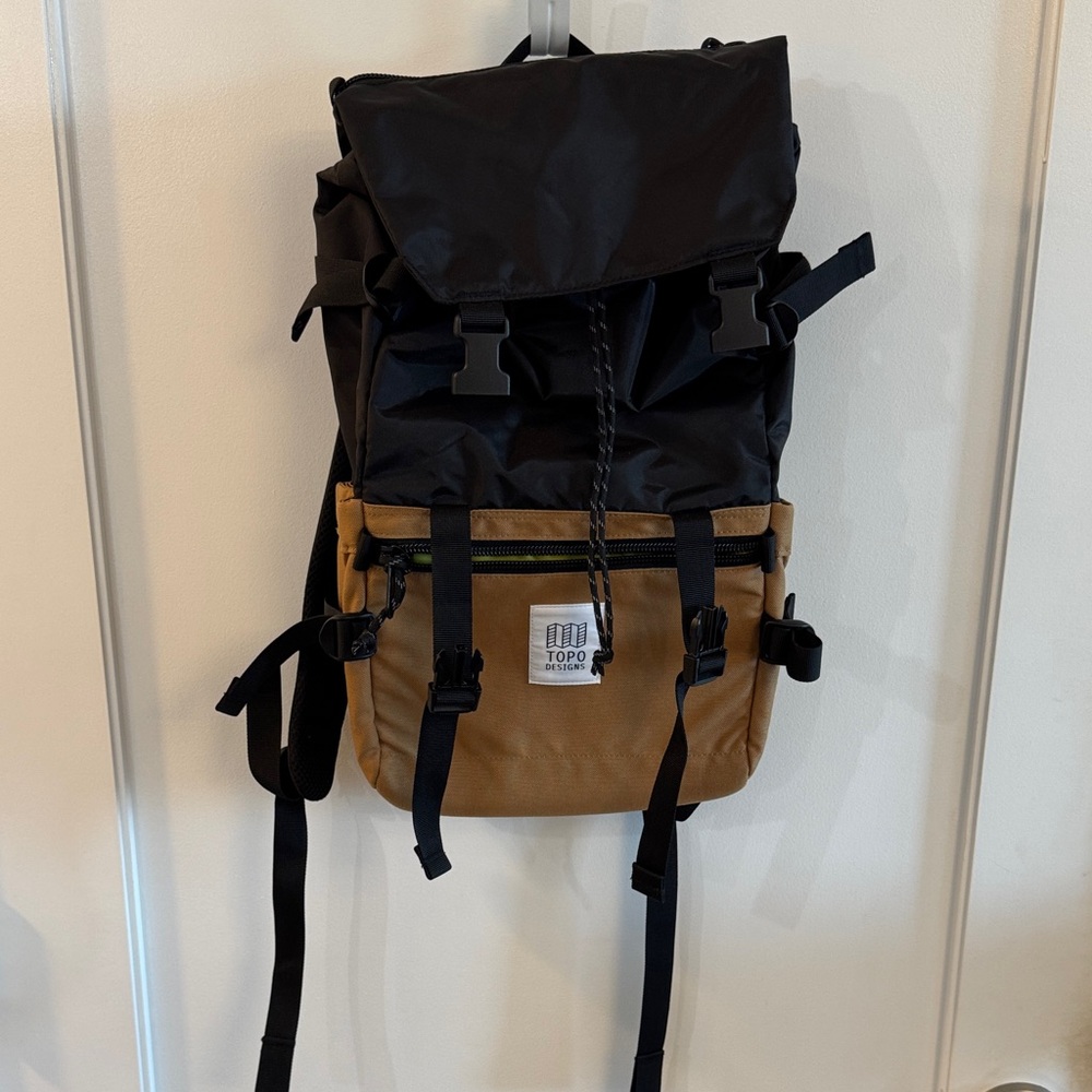 Topo Designs Two-Tone Backpack in Black and Tan